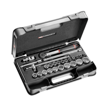 Facom 26-piece 1/2 metric 12-point sockets set S.161-4P12 in a black plastic case with sockets and tools.