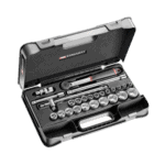 Set of 1/2 inch metric 6-point sockets in a black plastic case, suitable for automotive and mechanical work.