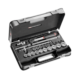 Set of 1/2 inch metric 6-point sockets in a black plastic case, suitable for automotive and mechanical work.