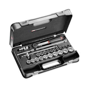 Set of 1/2 inch metric 6-point sockets in a black plastic case, suitable for automotive and mechanical work.