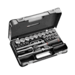Facom 200-piece industrial maintenance tool set in a black case with sockets, ratchets, and accessories for professional repairs.