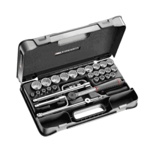 Facom 200-piece industrial maintenance tool set in a black case with sockets, ratchets, and accessories for professional repairs.