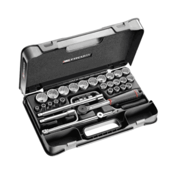 Facom 200-piece industrial maintenance tool set in a black case with sockets, ratchets, and accessories for professional repairs.