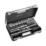 Facom 30-piece 1/2 inch metric 6-point sockets set in a black plastic case for automotive and mechanical use.