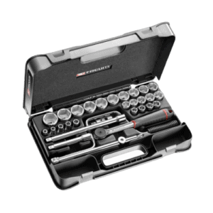 Facom 30-piece 1/2 inch metric 6-point sockets set in a black plastic case for automotive and mechanical use.