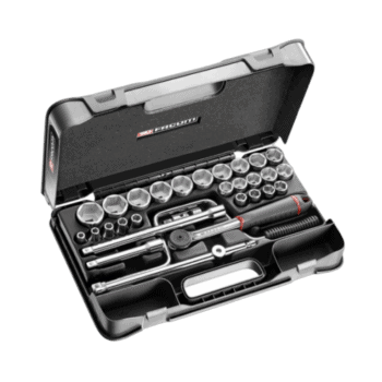 Facom 30-piece 1/2 inch metric 6-point sockets set in a black plastic case for automotive and mechanical use.