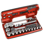 Grand Prix Racewear socket set with 1/2 inch metric 6-point sockets in a red case for automotive repair.
