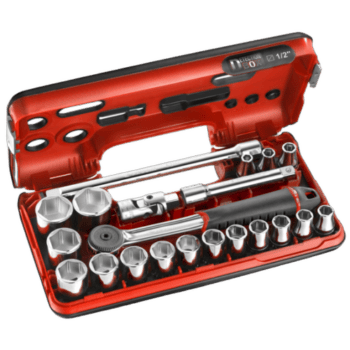 Grand Prix Racewear socket set with 1/2 inch metric 6-point sockets in a red case for automotive repair.