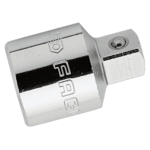 Close-up of a Facom 1/2 to 3/8 coupler S.230, chrome-plated with a hexagonal shape and a screw for secure connection.