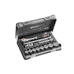 Grand Prix Racewear 23-piece 1/2 inch metric 12-point sockets set in a black case with ratchet handle.
