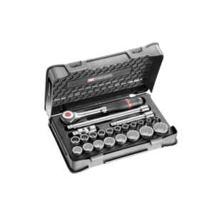 Grand Prix Racewear 23-piece 1/2 inch metric 12-point sockets set in a black case with ratchet handle.