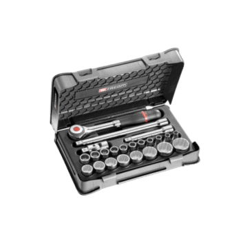 Grand Prix Racewear 23-piece 1/2 inch metric 12-point sockets set in a black case with ratchet handle.