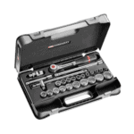 Facom 26-piece 1/2 inch metric 12-point sockets set in a black case for automotive and mechanical use.
