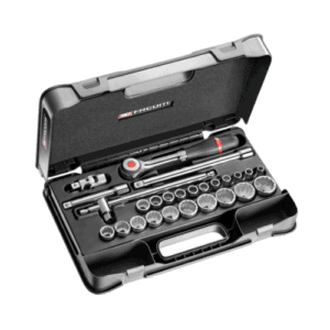 Facom 26-piece 1/2 inch metric 12-point sockets set in a black case for automotive and mechanical use.
