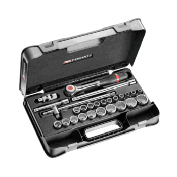 Facom 26-piece 1/2 inch metric 12-point sockets set in a black case for automotive and mechanical use.