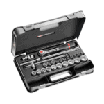 Facom 26-piece 1/2 inch metric 6-point sockets set in a black plastic case for automotive and mechanical use.