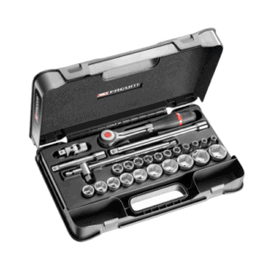 Facom 26-piece 1/2 inch metric 6-point sockets set in a black plastic case for automotive and mechanical use.
