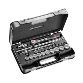 Facom 26-piece 1/2 inch metric 6-point sockets set in a black plastic case for automotive and mechanical use.