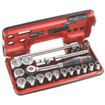 Facom DBOX set of 1/2 inch 6-point metric sockets in a red plastic case with ratchet wrench and accessories.