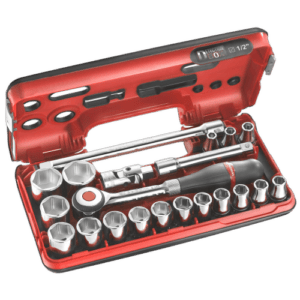 Facom DBOX set of 1/2 inch 6-point metric sockets in a red plastic case with ratchet wrench and accessories.