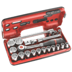 Facom 21-piece DBOX set of 1/2 inch 12-point metric sockets in a red plastic case for professional automotive and mechanical use.