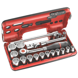 Facom 21-piece DBOX set of 1/2 inch 12-point metric sockets in a red plastic case for professional automotive and mechanical use.