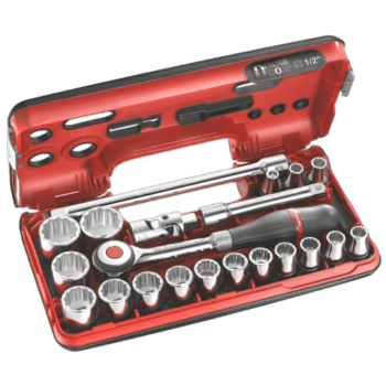 Facom 21-piece DBOX set of 1/2 inch 12-point metric sockets in a red plastic case for professional automotive and mechanical use.