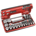 Facom DBOX set of 1/2 inch 6-point metric sockets with ratchet and accessories in red case.