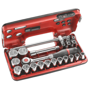 Facom DBOX set of 1/2 inch 6-point metric sockets with ratchet and accessories in red case.