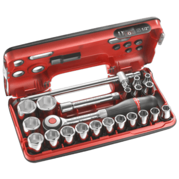 Facom DBOX set of 1/2 inch 6-point metric sockets with ratchet and accessories in red case.