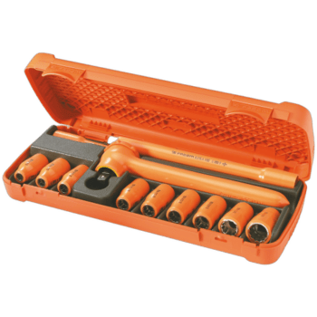 Facom VSE series insulated tool set in orange case with 12 tools for electrical work safety.
