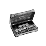 Set of Facom 22-piece 1/2 inch metric 12-point sockets in a black plastic case for automotive and mechanical use.