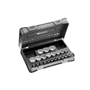 Set of Facom 22-piece 1/2 inch metric 12-point sockets in a black plastic case for automotive and mechanical use.