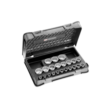 Set of Facom 22-piece 1/2 inch metric 12-point sockets in a black plastic case for automotive and mechanical use.