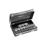 Set of 22 metric 1/2 inch 6-point sockets in a black plastic case, suitable for automotive and mechanical work.
