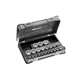 Set of 22 metric 1/2 inch 6-point sockets in a black plastic case, suitable for automotive and mechanical work.