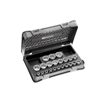 Set of 22 metric 1/2 inch 6-point sockets in a black plastic case, suitable for automotive and mechanical work.