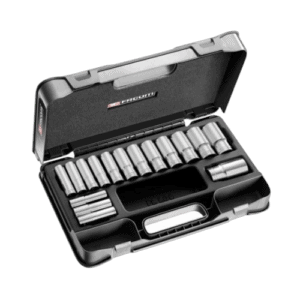 Facom 16-piece 1/2 long-reach metric 12-point sockets set in a black case for automotive and mechanical use.
