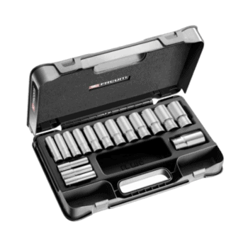 Facom 16-piece 1/2 long-reach metric 12-point sockets set in a black case for automotive and mechanical use.