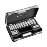 Facom 16-piece 1/2 long-reach metric 6-point sockets set in a black plastic case for automotive and mechanical use.