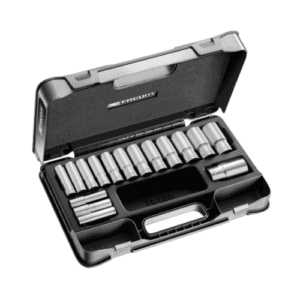 Facom 16-piece 1/2 long-reach metric 6-point sockets set in a black plastic case for automotive and mechanical use.
