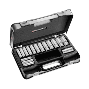 Facom 16-piece 1/2 long-reach metric 6-point sockets set in a black plastic case for automotive and mechanical use.