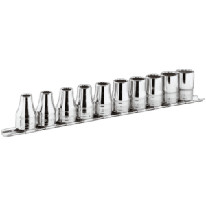 Set of 1/2 drive sockets in metallic rack, ideal for professional automotive and mechanical work.