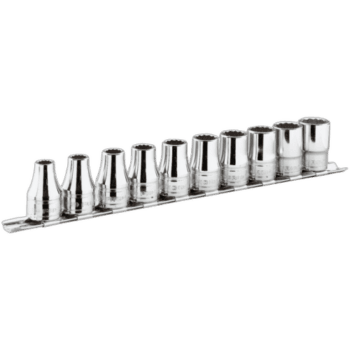 Set of 1/2 drive sockets in metallic rack, ideal for professional automotive and mechanical work.