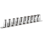 Facom 8-piece 1/2 inch metric 12-point sockets set on rack for professional automotive repair.