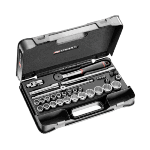 Facom 35-piece 1/2 inch metric 12-point sockets set in a durable case, ideal for professional automotive and mechanical work.