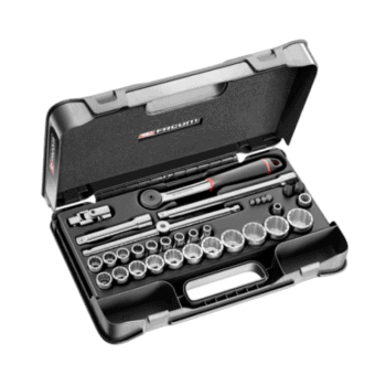 Facom 35-piece 1/2 inch metric 12-point sockets set in a durable case, ideal for professional automotive and mechanical work.