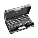 Facom 35-piece 1/2 inch metric 6-point sockets set in a black case, ideal for professional automotive and mechanical work.