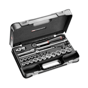 Facom 35-piece 1/2 inch metric 6-point sockets set in a black case, ideal for professional automotive and mechanical work.