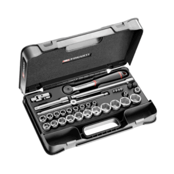 Facom 35-piece 1/2 inch metric 6-point sockets set in a black case, ideal for professional automotive and mechanical work.
